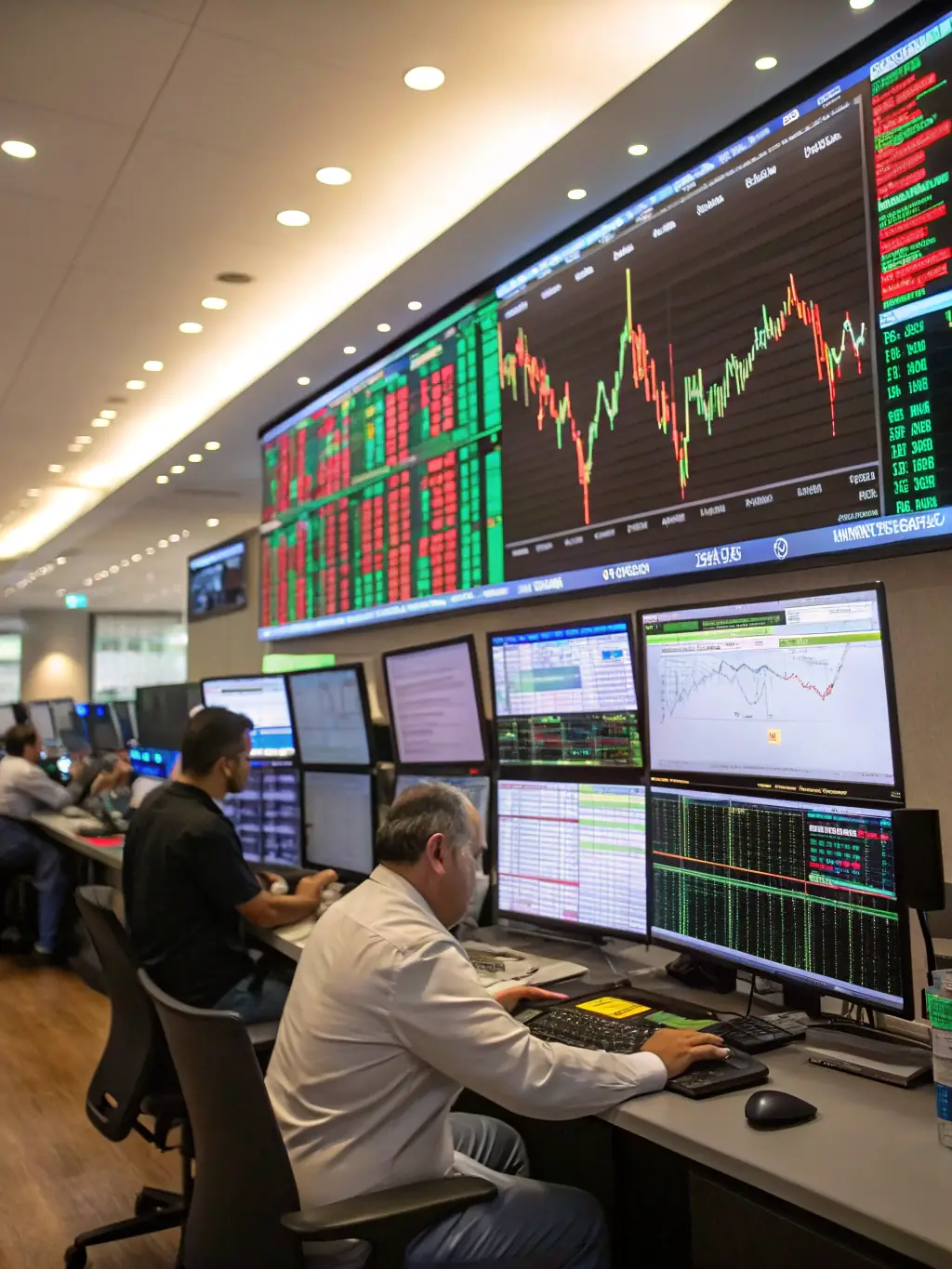 A close-up shot of experienced gold traders analyzing market data in a sophisticated trading room, emphasizing expertise and precision.