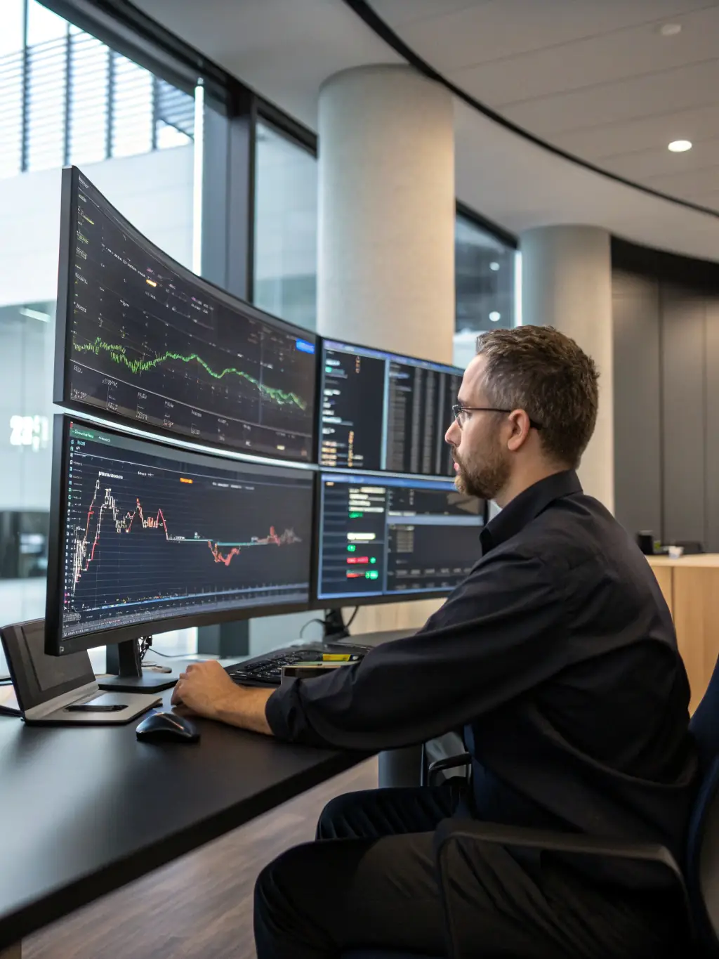 A professional trader analyzing market data on multiple screens, illustrating Ggt Prime's expertise in market analysis and trading strategies.