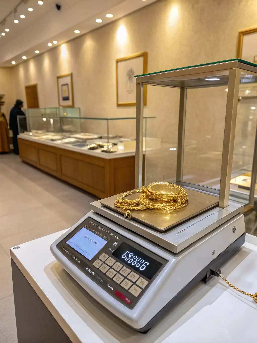 A close-up shot of gold bars being meticulously weighed on a digital scale, emphasizing precision and accuracy in Ggt prime's trading operations.
