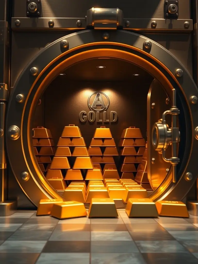 A photograph of a secure vault filled with gold bars, symbolizing the safety and security provided by Ggt prime for its clients' assets.
